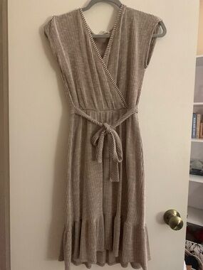Neutral Striped Wrap Midi Dress with Tie Waist